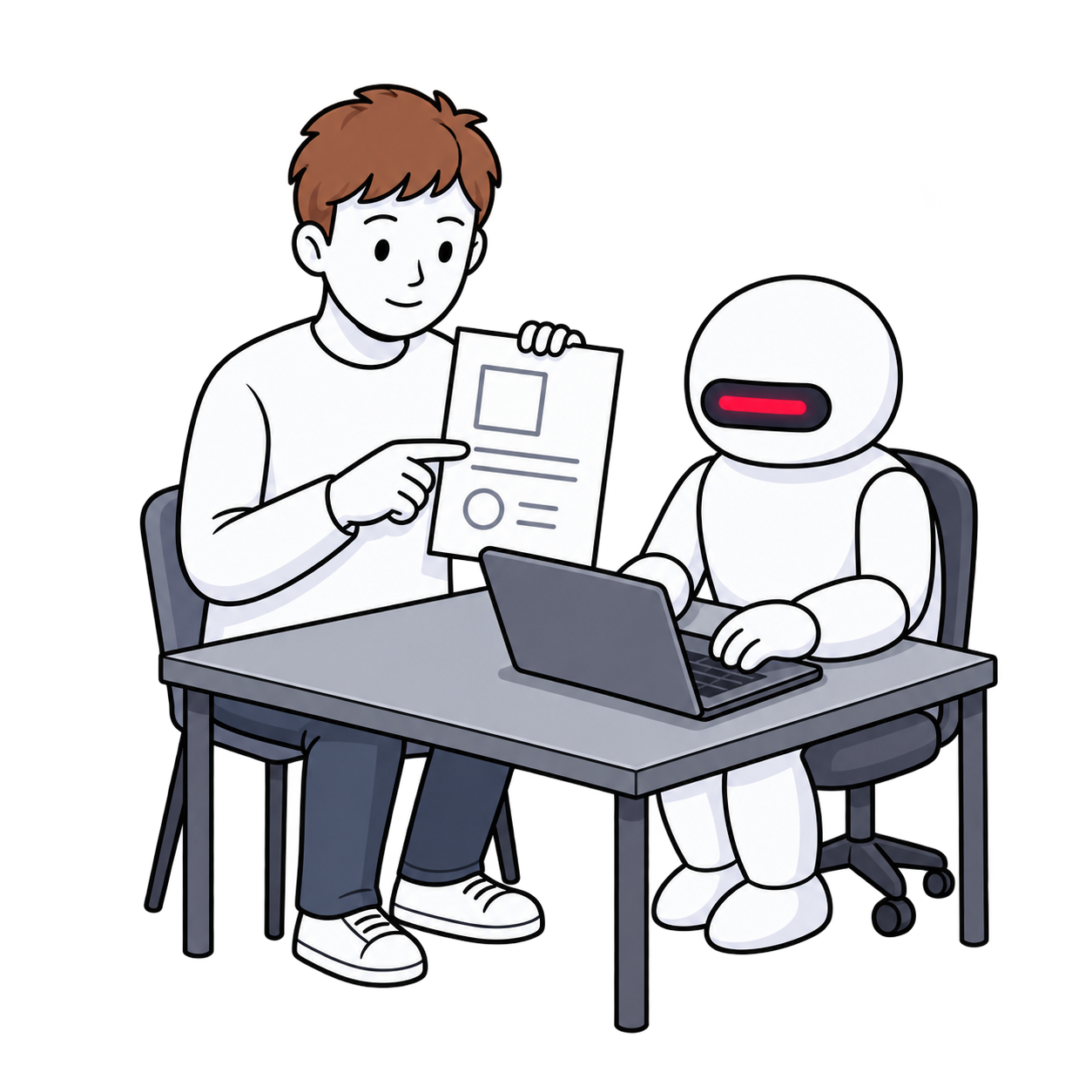 사람은 브리프를 가리키며 지시하고 흰색 AI 에이전트가 노트북으로 직접 작업한다.